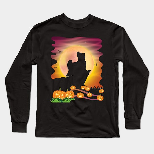 Yorkie Dog On Mountain With Moon Pumpkins Bat Halloween Day Long Sleeve T-Shirt by Cowan79